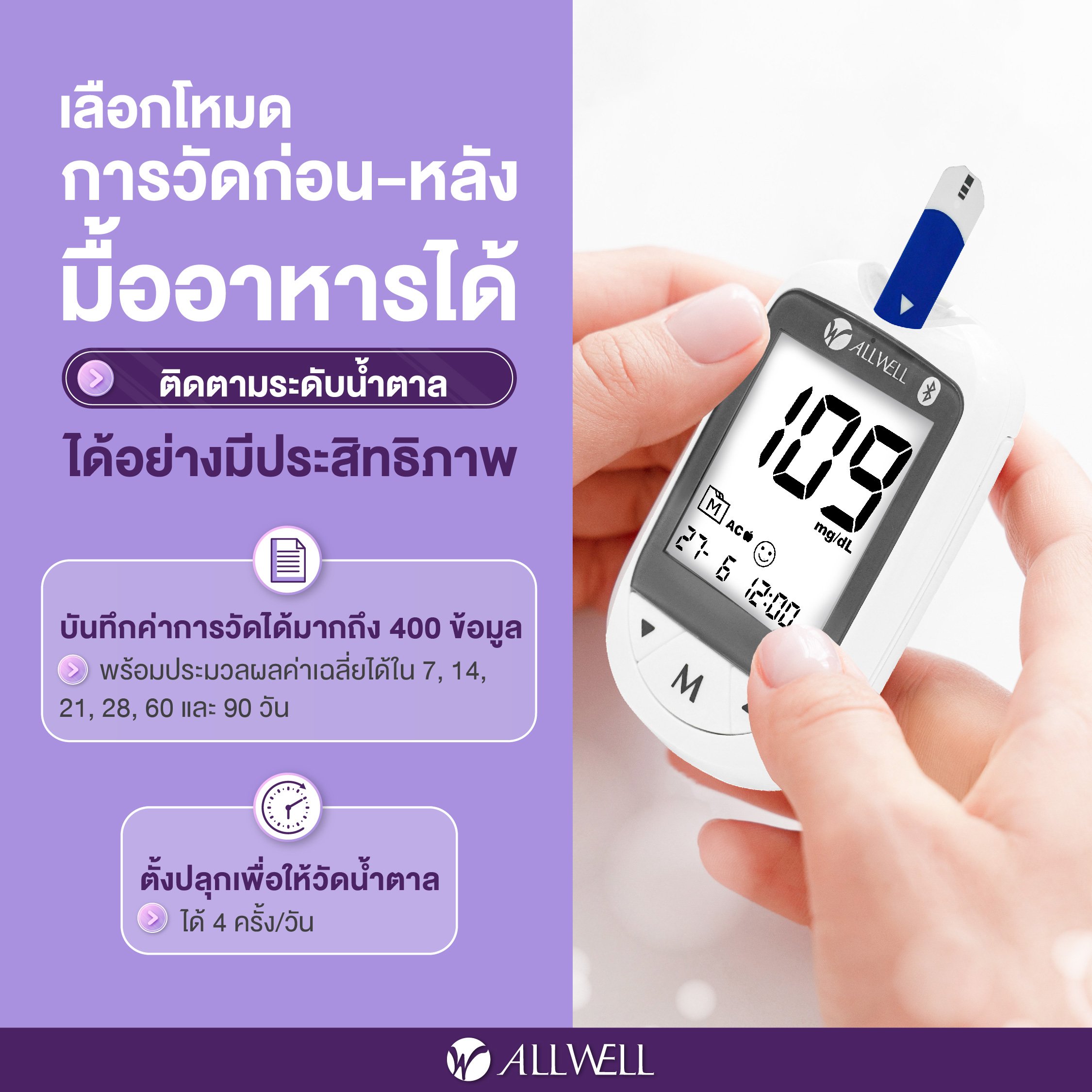  เครื่องวัดน้ำตาลในเลือด พร้อมอุปกรณ์ใช้งานครบชุด 60 ชิ้น รุ่น GlucoAll-1B สีขาว_5